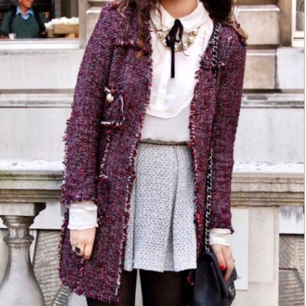 ZARA Tweed Fringe Open Jacket